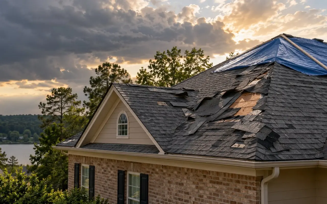 Storm-damaged shingles and protective covering on a residential roof