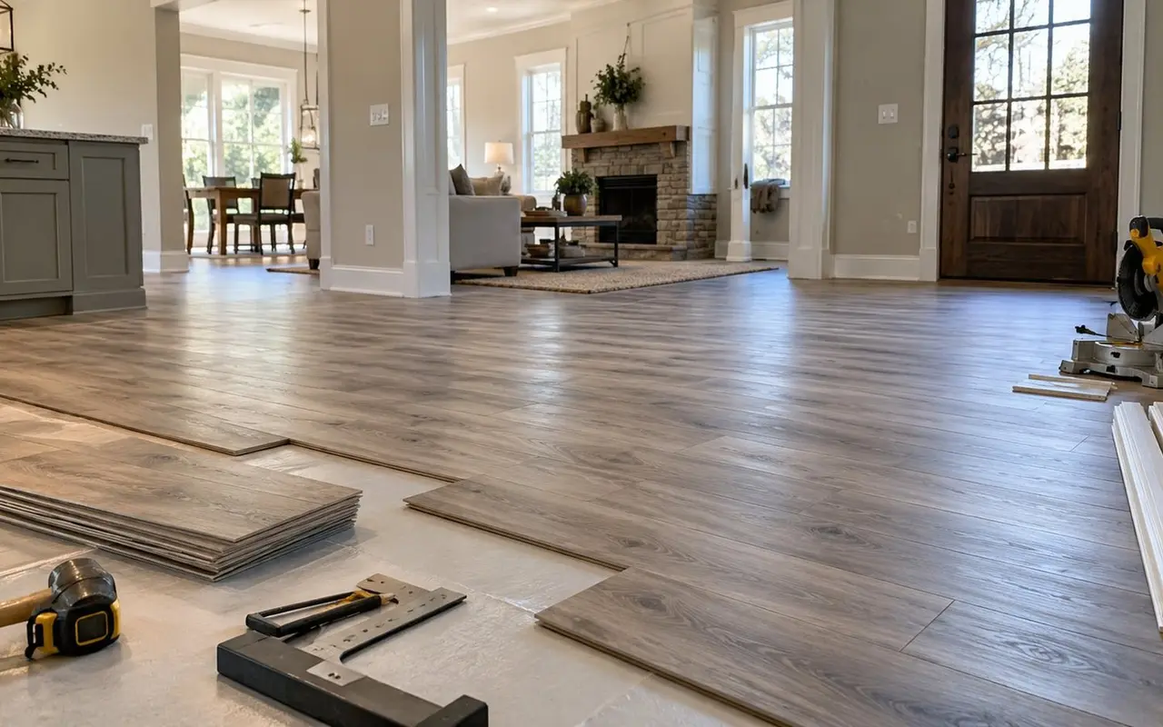 Fresh luxury vinyl plank floor with installation tools in a home