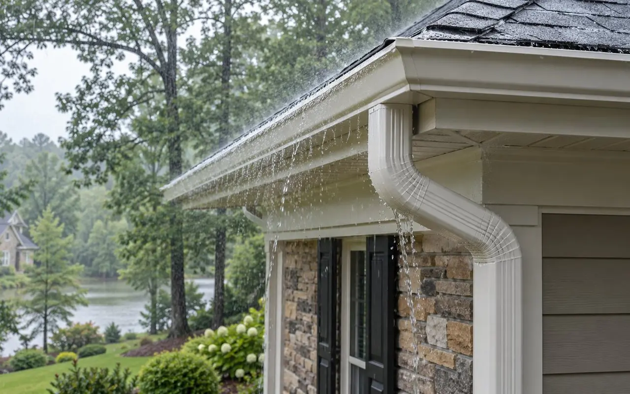 New gutters and downspout along a Georgia home's roofline