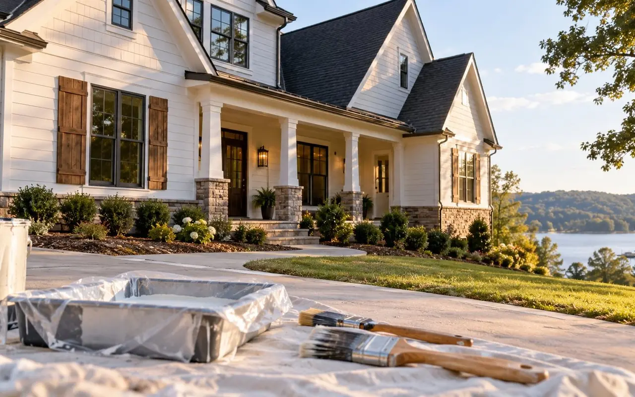 Freshly painted Georgia home exterior with painting supplies