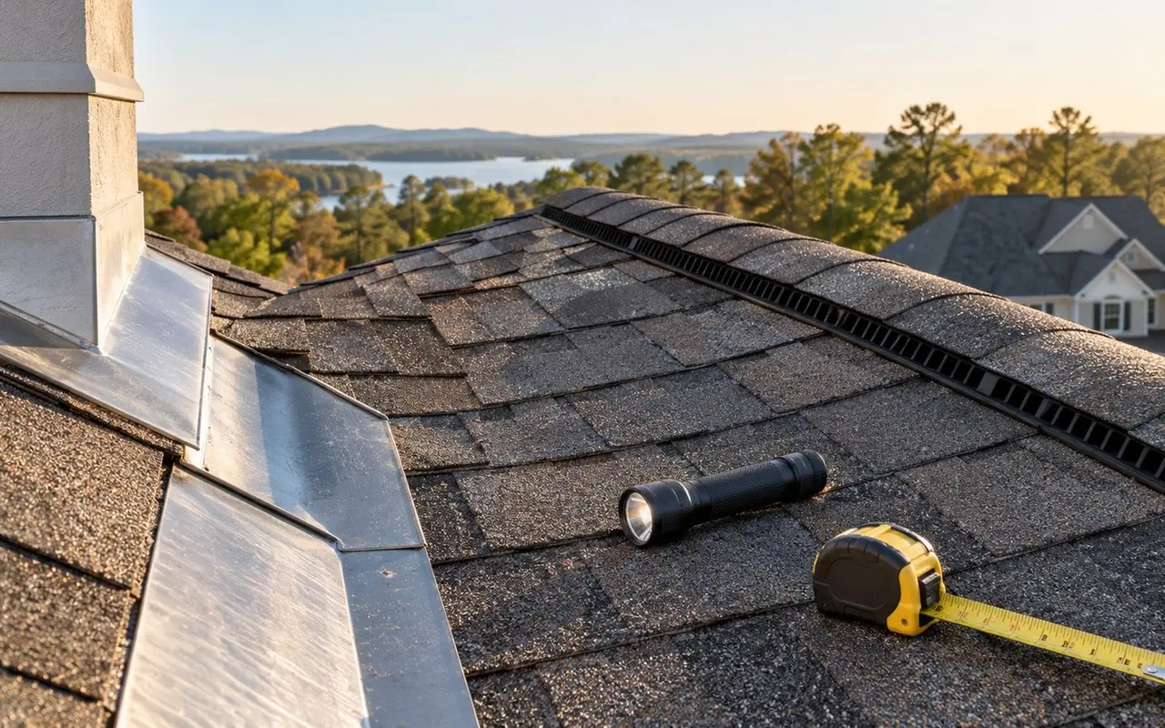 Roof flashing, ridge vent, and inspection tools on a home