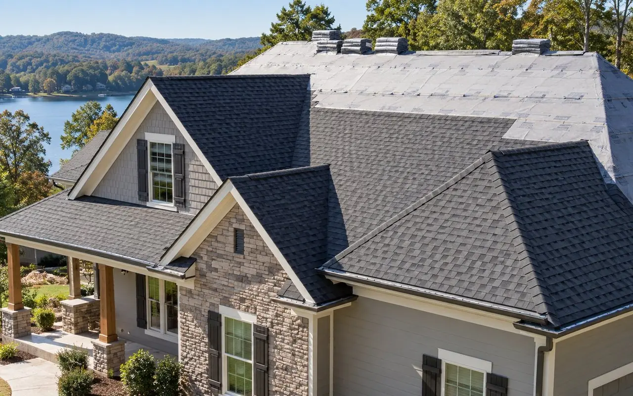 New shingle courses being installed on a Georgia home