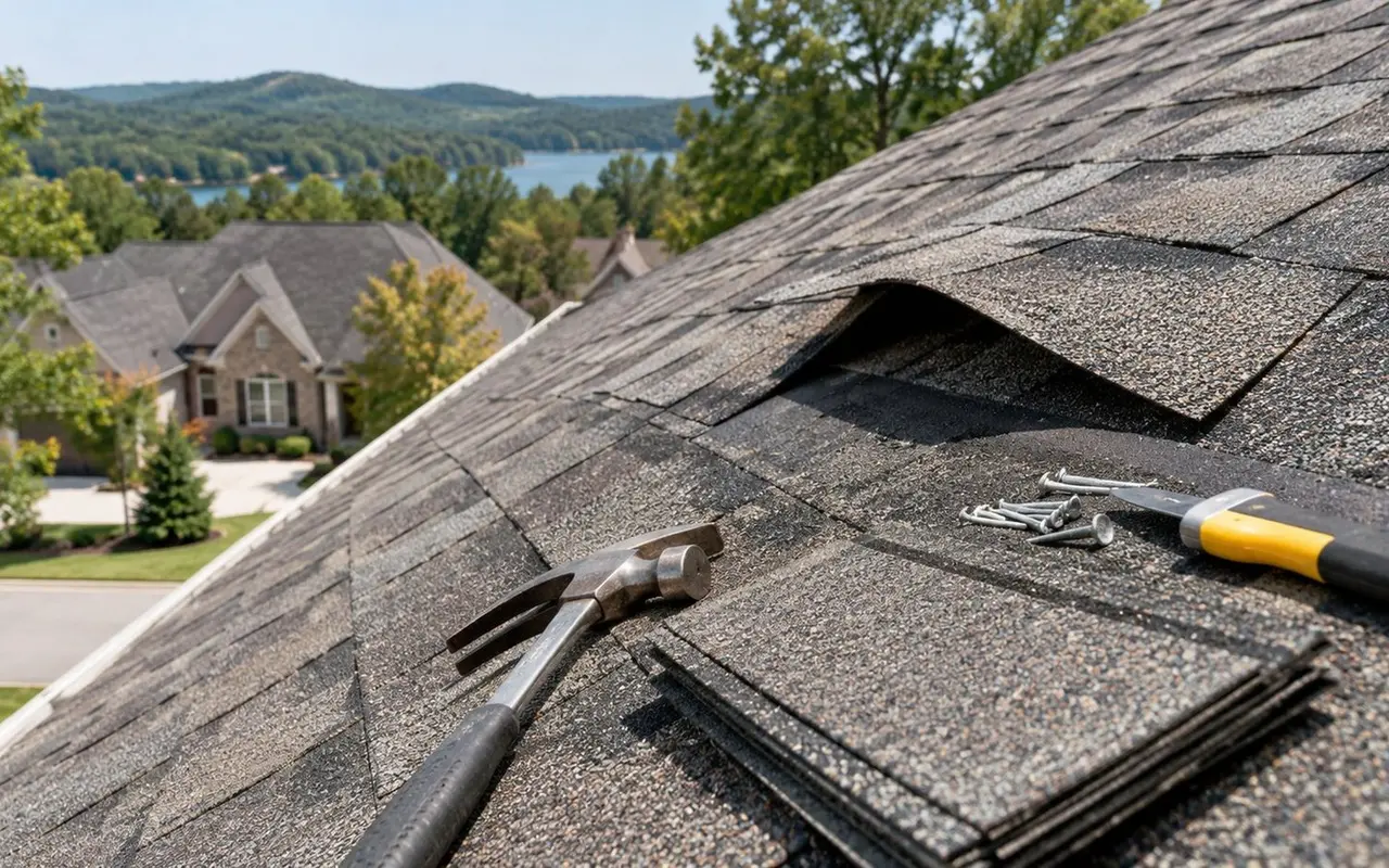 Damaged asphalt shingles and repair materials on a residential roof