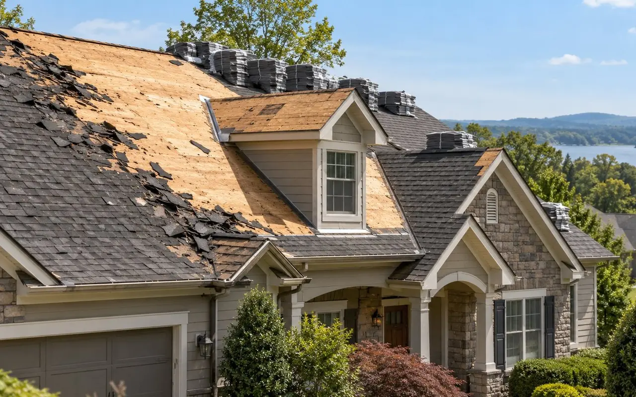Old shingles removed beside new roofing materials on a house