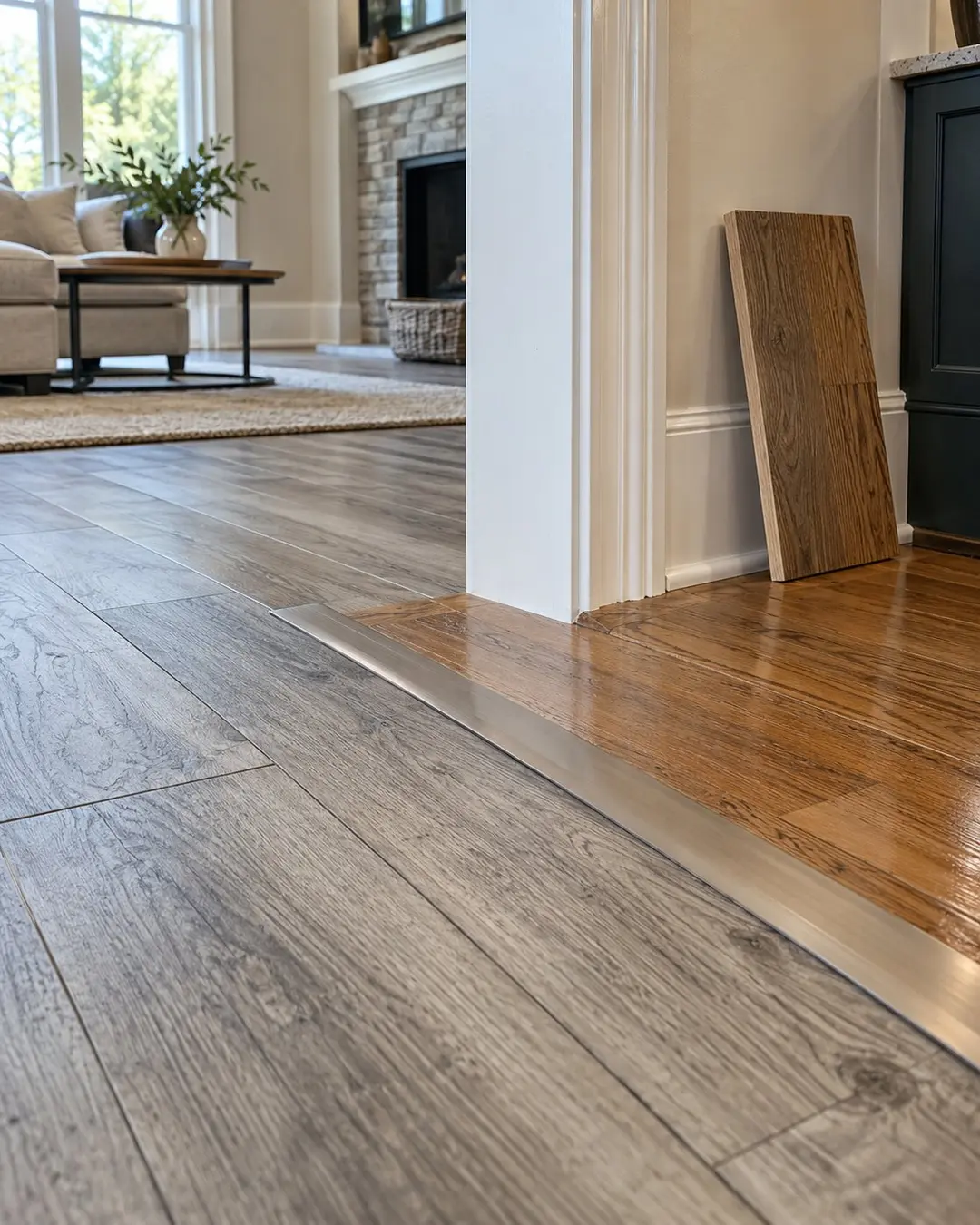 Luxury vinyl planks and hardwood sample beside a floor transition