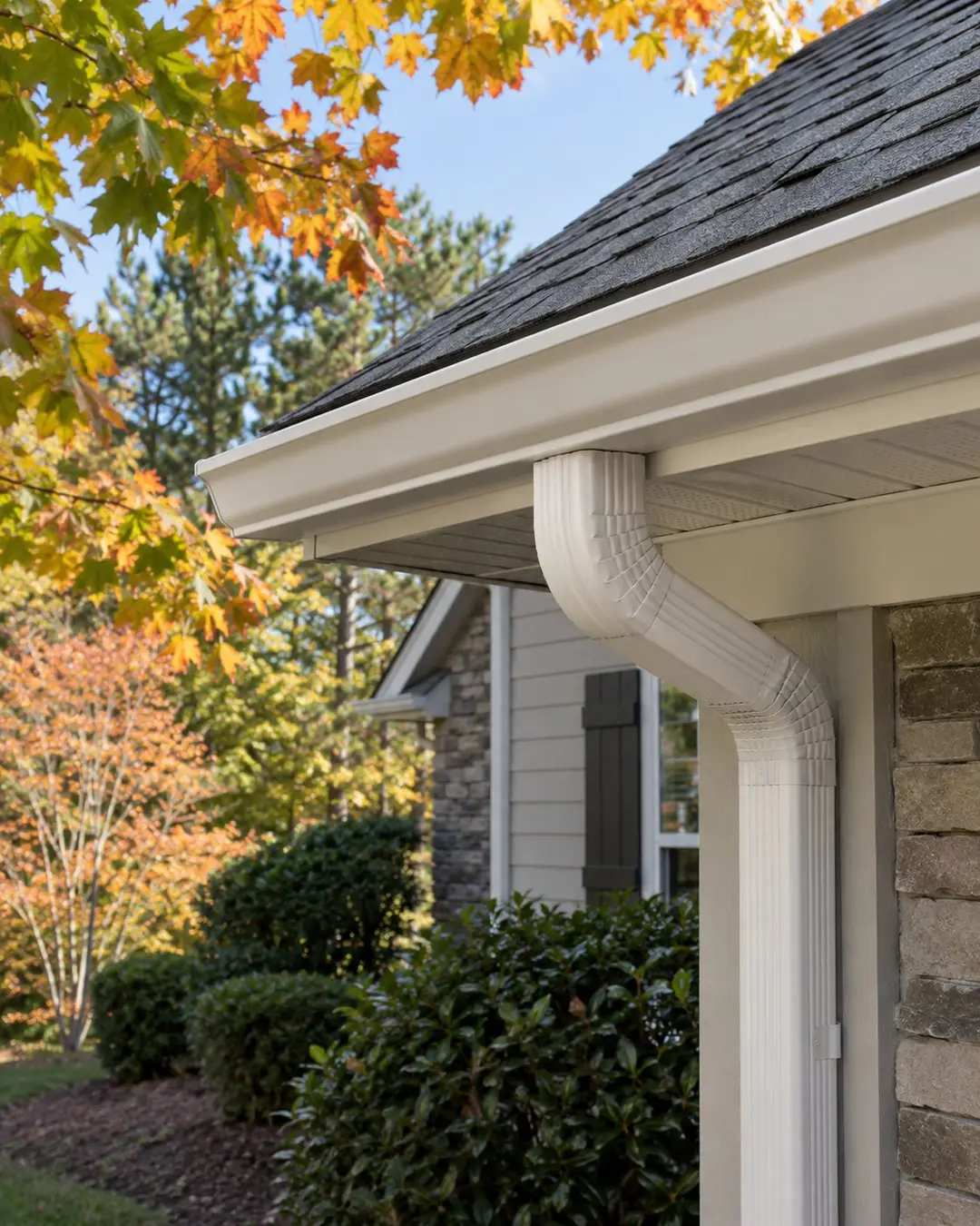Seamless gutter and downspout detail beneath a roof edge