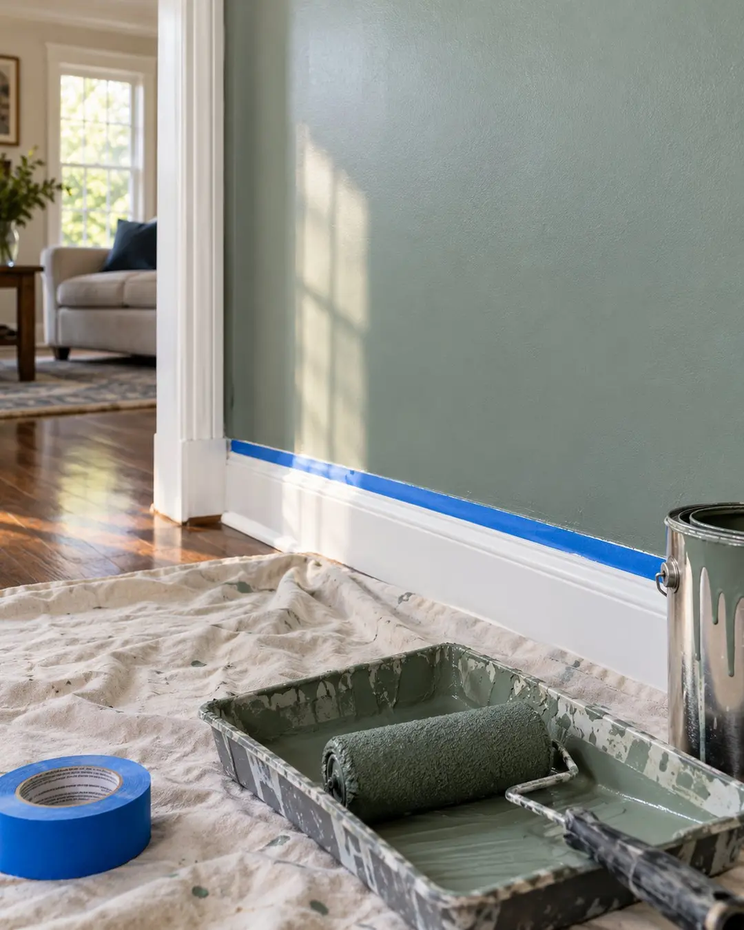 Interior wall painting tools and protected floor