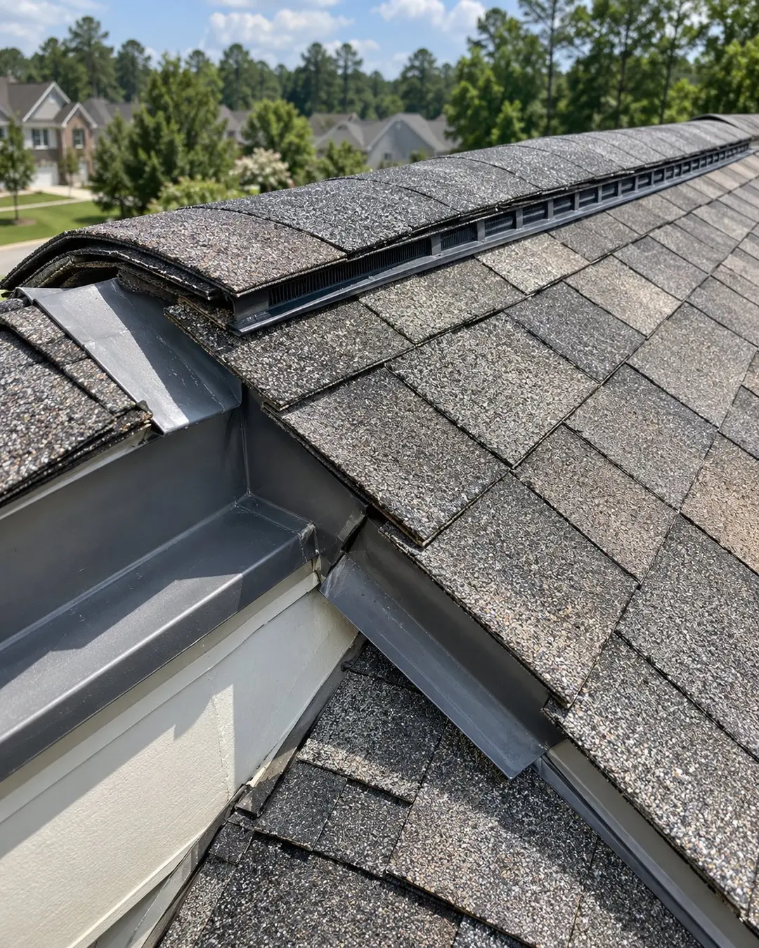 Close view of flashing and vent details on asphalt shingles