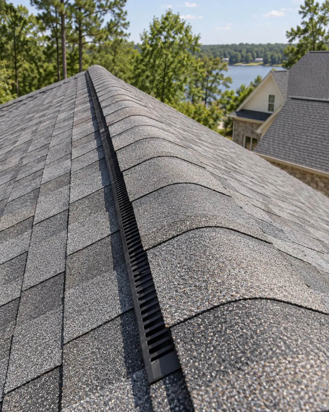 Finished shingle ridge and roof ventilation on a residential roof