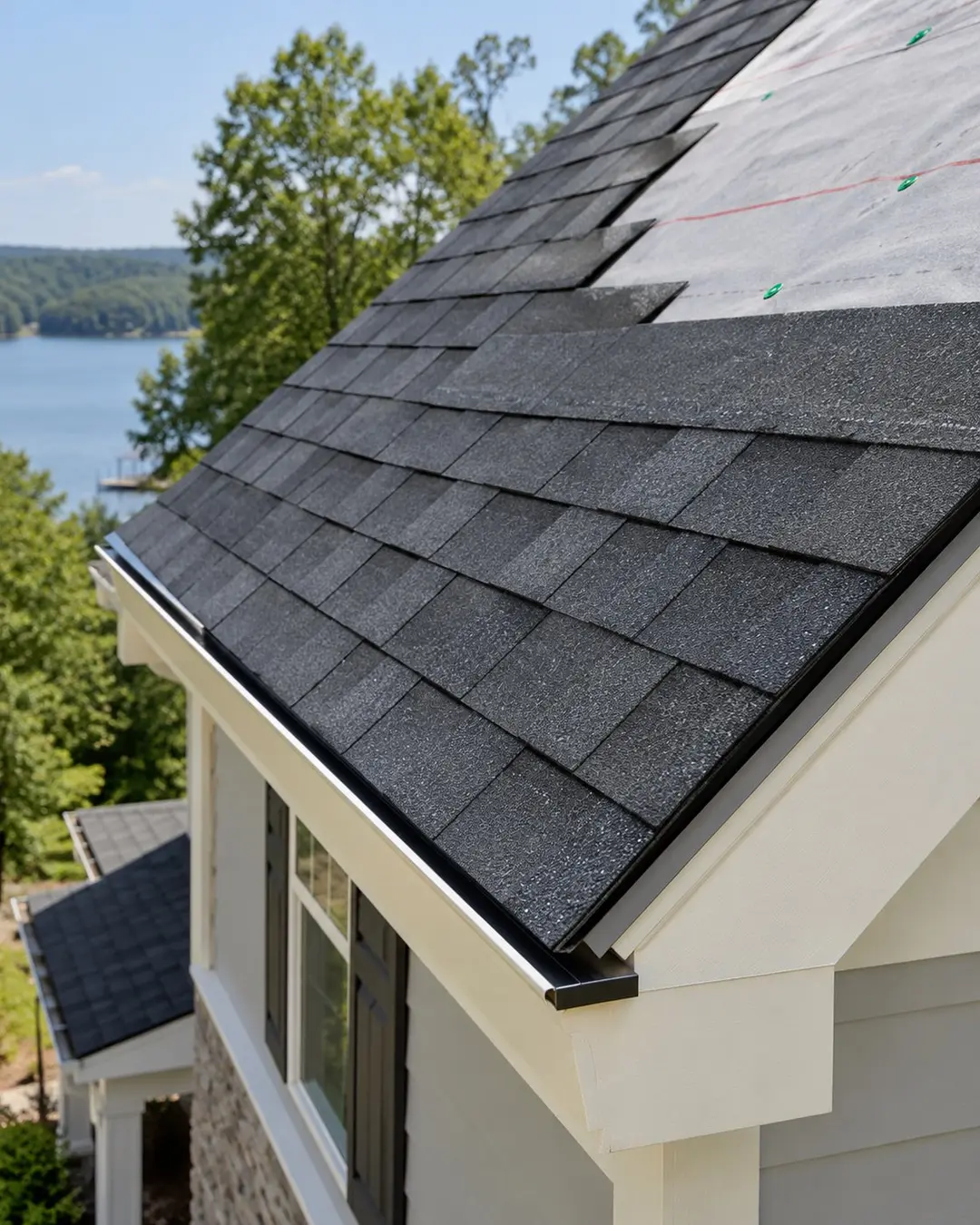 Fresh dark shingles and underlayment at a roof edge